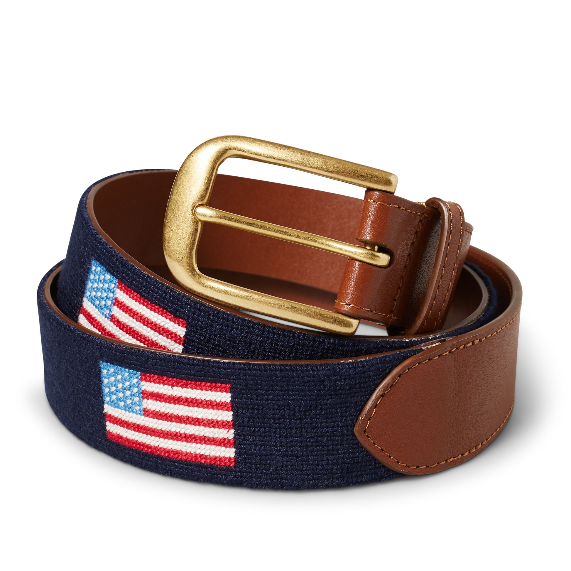 Handmade Needlepoint Golf Belt – American Flag with Leather Backing