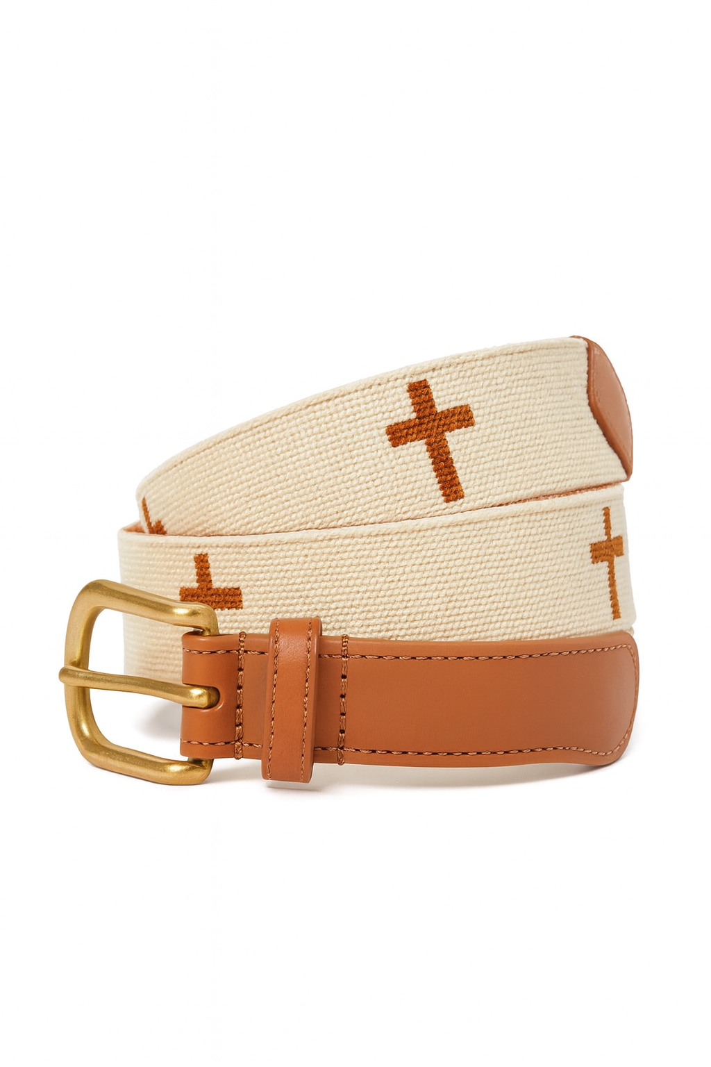 Beige with Brown Cross Design Embroidered Belt