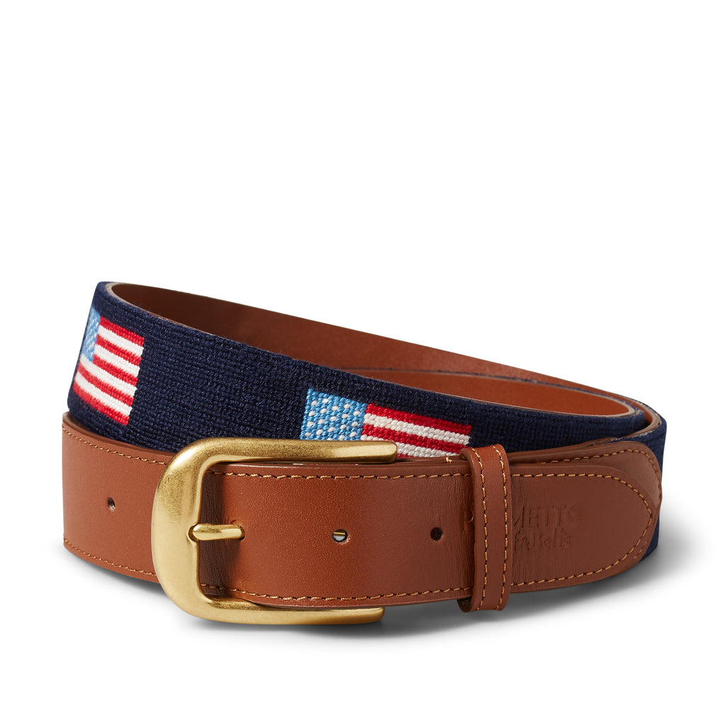 Handmade Needlepoint Golf Belt – American Flag with Leather Backing