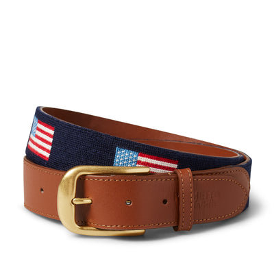 Handmade Needlepoint Golf Belt – American Flag with Leather Backing