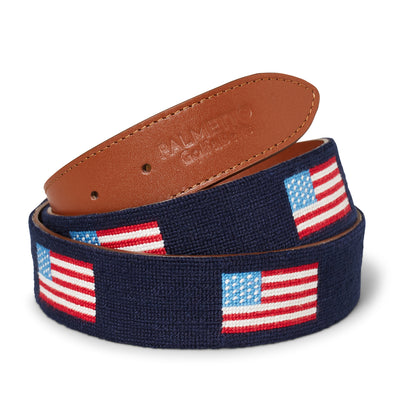 Handmade Needlepoint Golf Belt – American Flag with Leather Backing