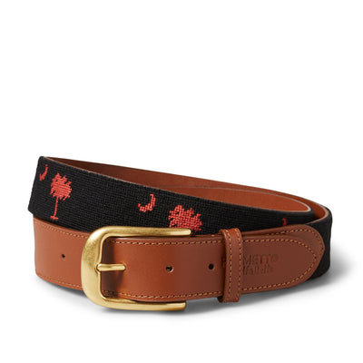 Handmade Needlepoint Golf Belt – Black & Garnet Palmetto (South Carolina)