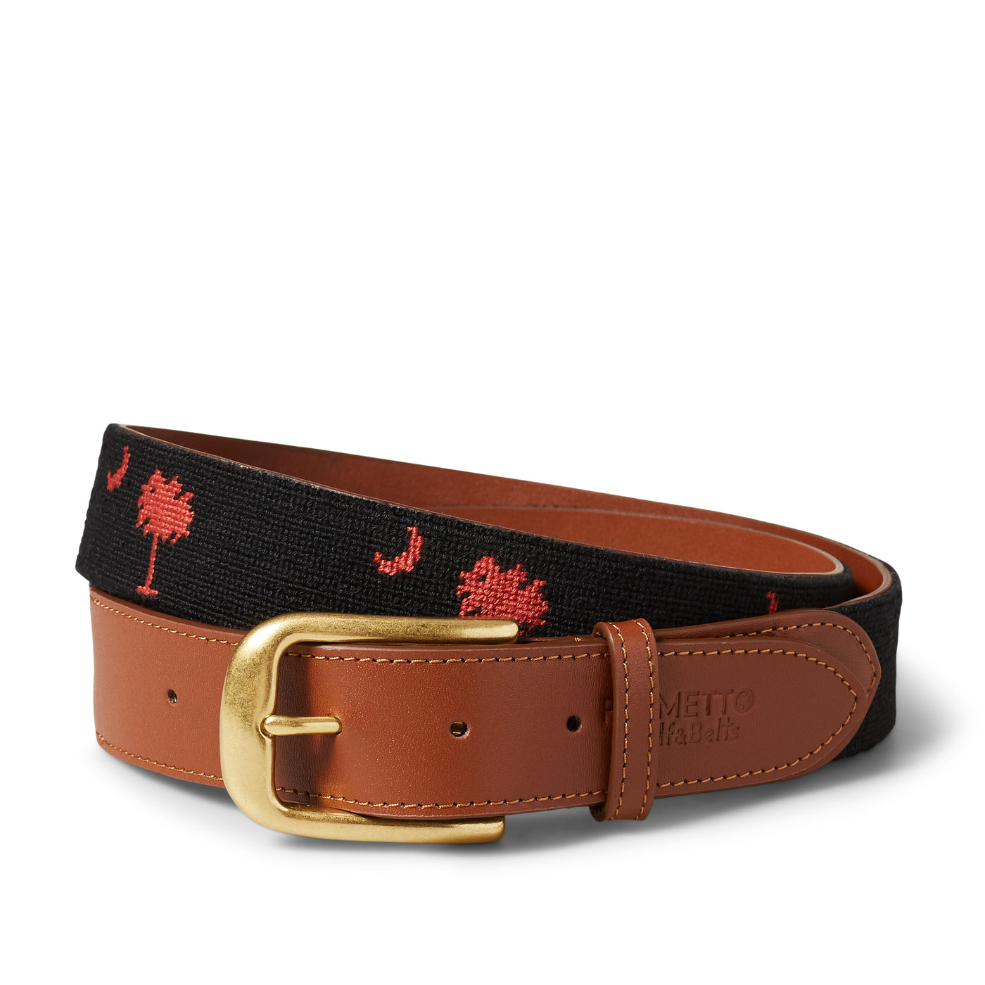 Handmade Needlepoint Golf Belt – Black & Garnet Palmetto (South Carolina)