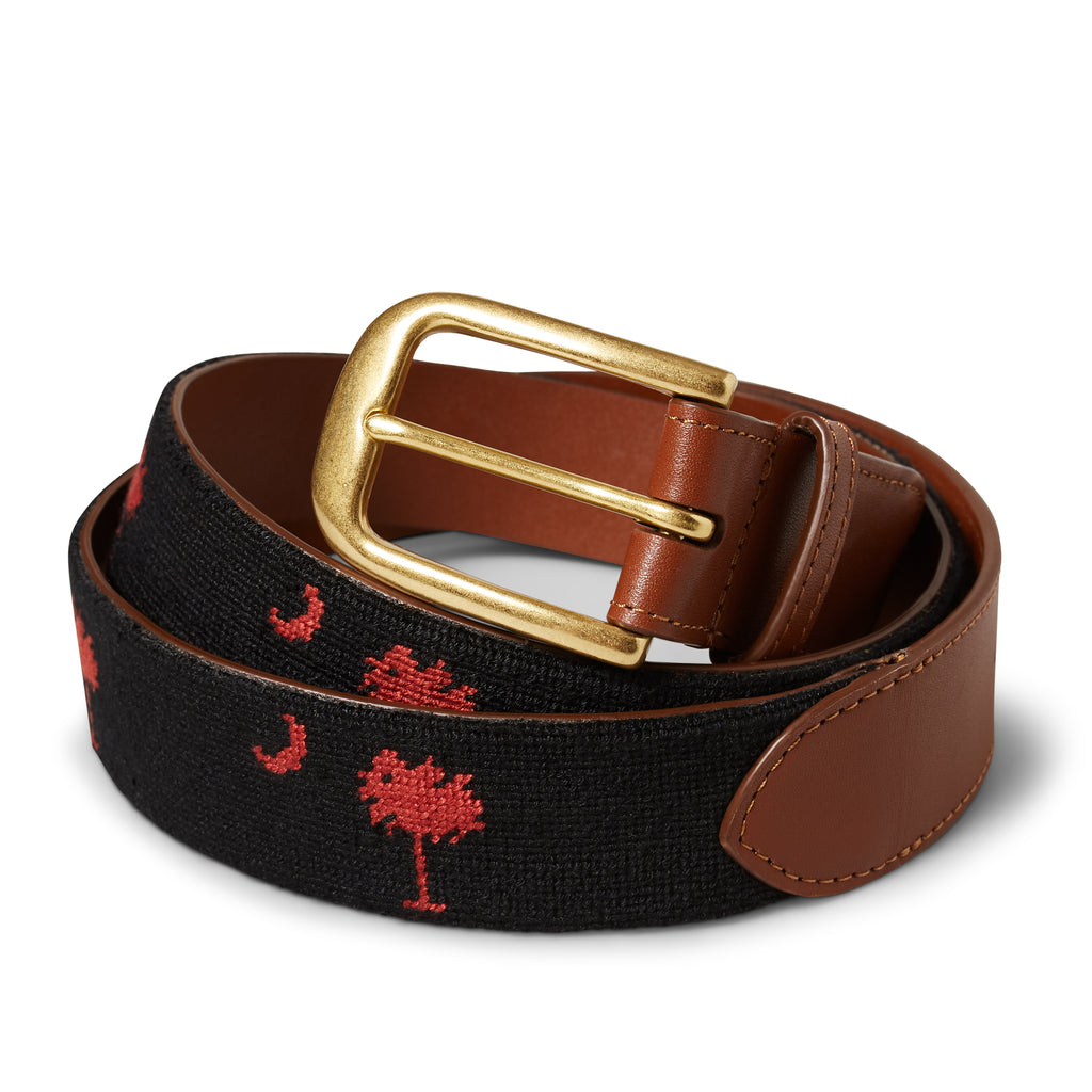 Handmade Needlepoint Golf Belt – Black & Garnet Palmetto (South Carolina)