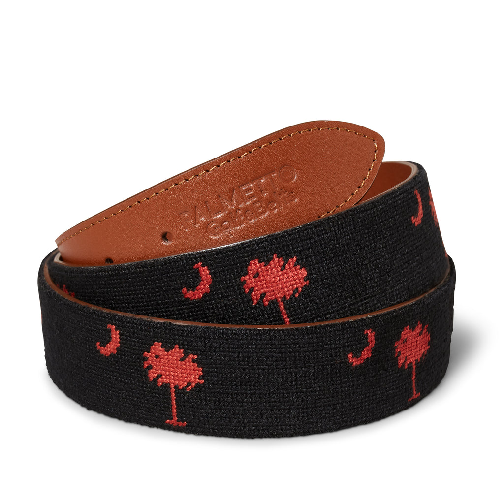 Handmade Needlepoint Golf Belt – Black & Garnet Palmetto (South Carolina)