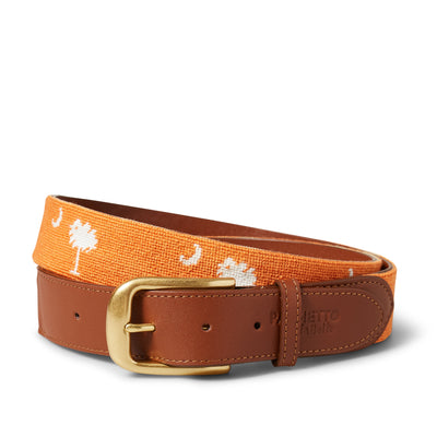 Handmade Needlepoint Golf Belt – Orange & White Palmetto (Clemson Theme)
