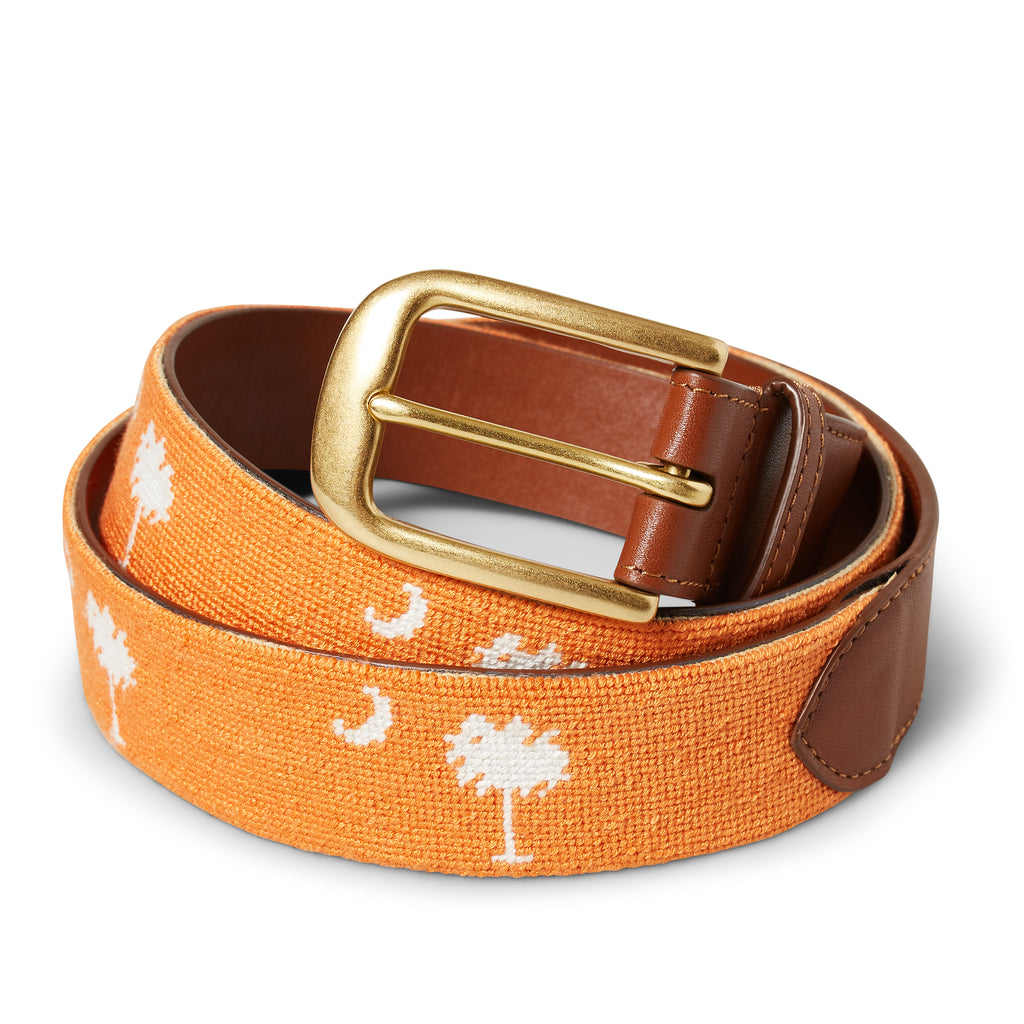 Handmade Needlepoint Golf Belt – Orange & White Palmetto (Clemson Theme)