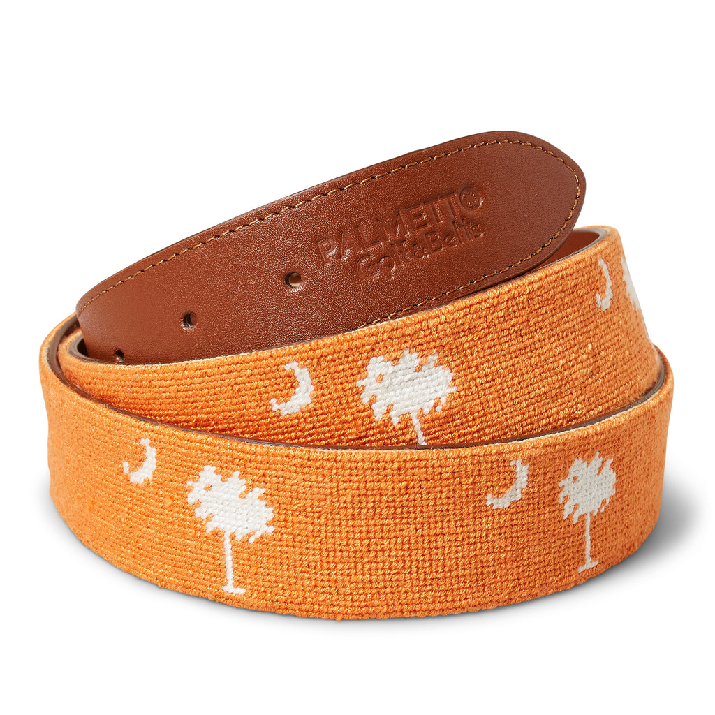 Handmade Needlepoint Golf Belt – Orange & White Palmetto (Clemson Theme)