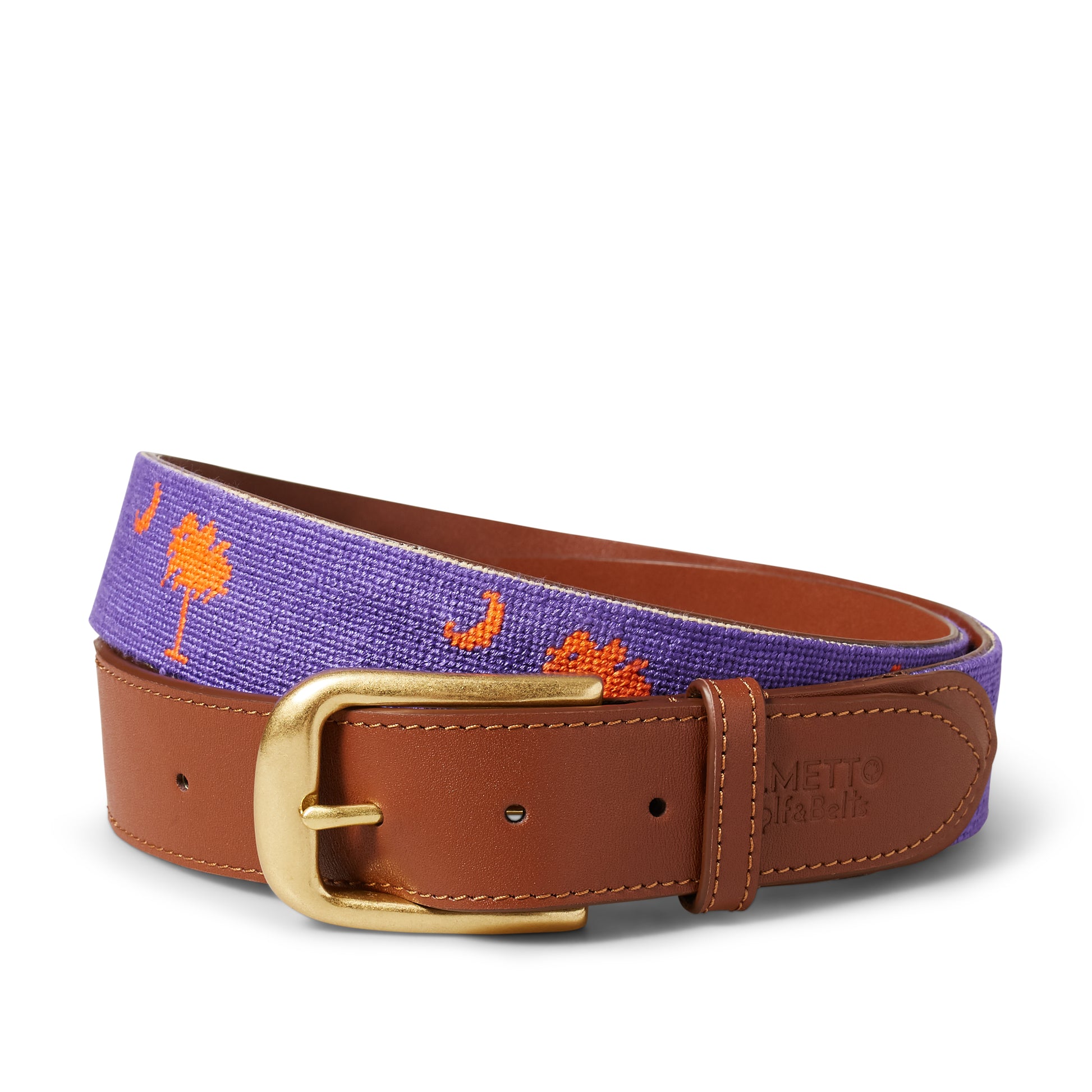 Handmade Needlepoint Golf Belt – Purple & Orange Palmetto (Clemson Theme)