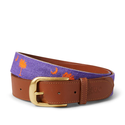Handmade Needlepoint Golf Belt – Purple & Orange Palmetto (Clemson Theme)