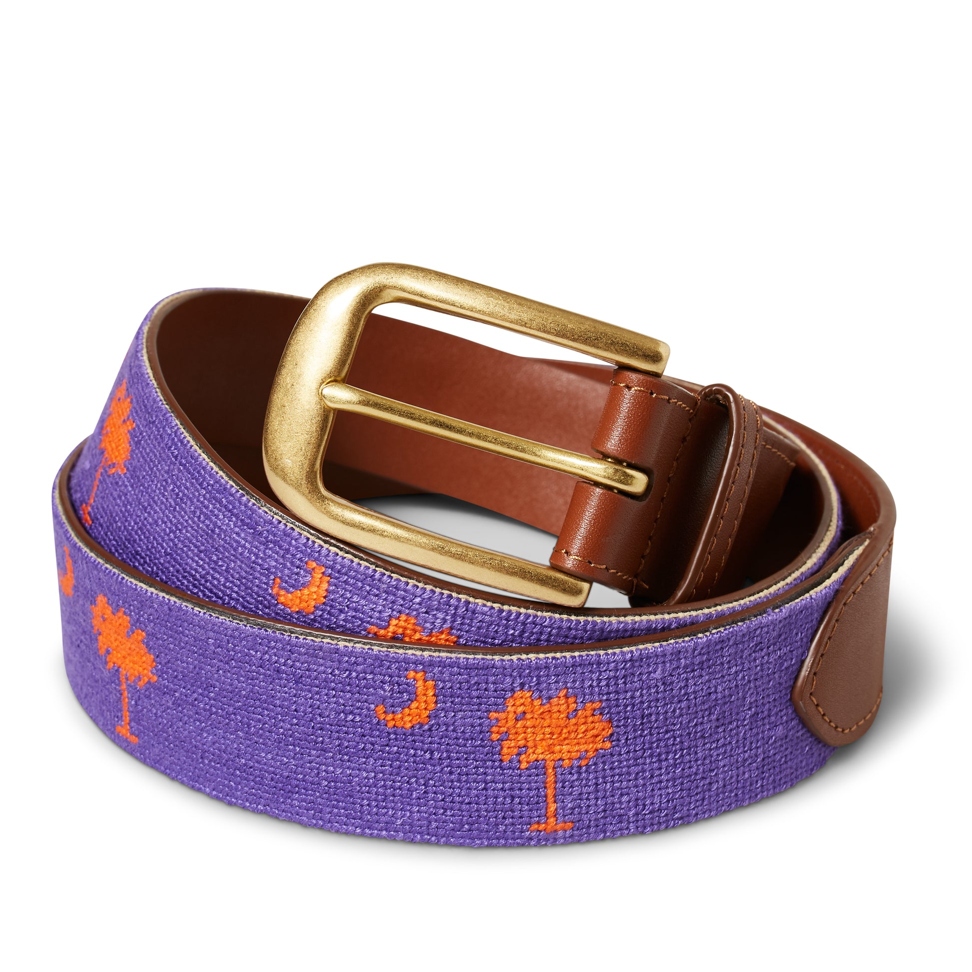 Handmade Needlepoint Golf Belt – Purple & Orange Palmetto (Clemson Theme)