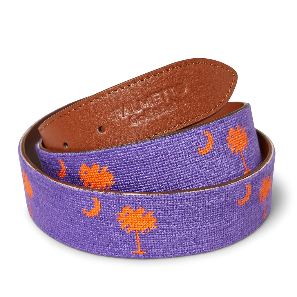 Handmade Needlepoint Golf Belt – Purple & Orange Palmetto (Clemson Theme)