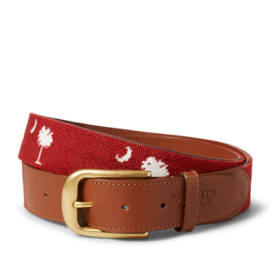 Handmade Needlepoint Golf Belt – Garnet & White Palmetto (South Carolina)