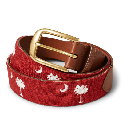 Handmade Needlepoint Golf Belt – Garnet & White Palmetto (South Carolina)