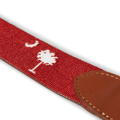 Handmade Needlepoint Golf Belt – Garnet & White Palmetto (South Carolina) - Hover