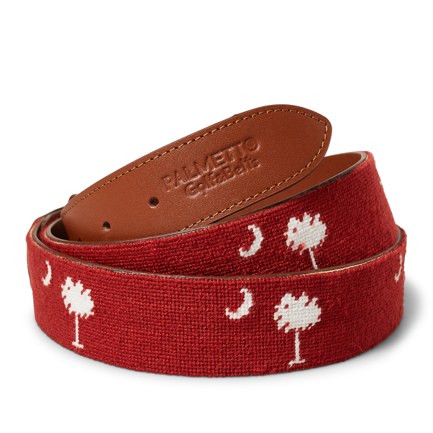 Handmade Needlepoint Golf Belt – Garnet & White Palmetto (South Carolina)