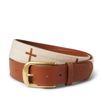 Handmade Needlepoint Golf Belt – Beige with Brown Cross Design