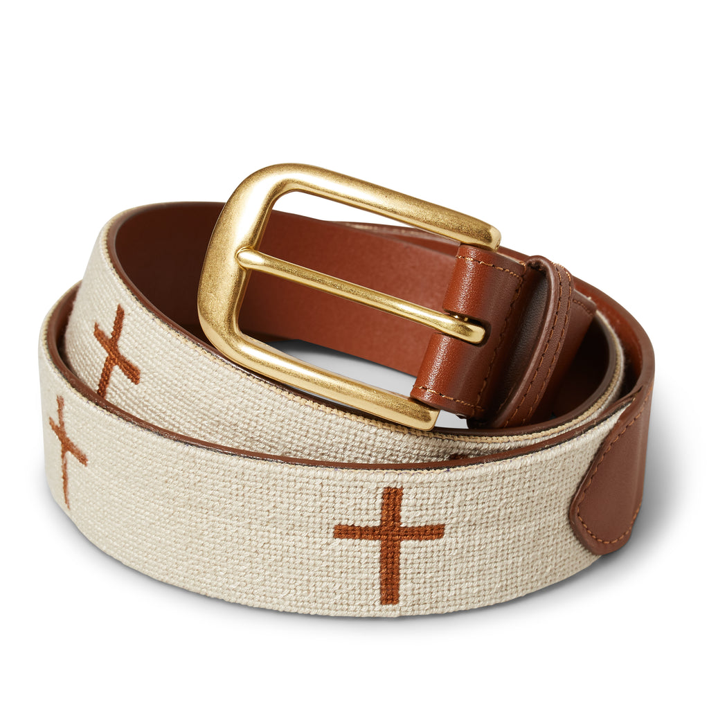 Handmade Needlepoint Golf Belt – Beige with Brown Cross Design