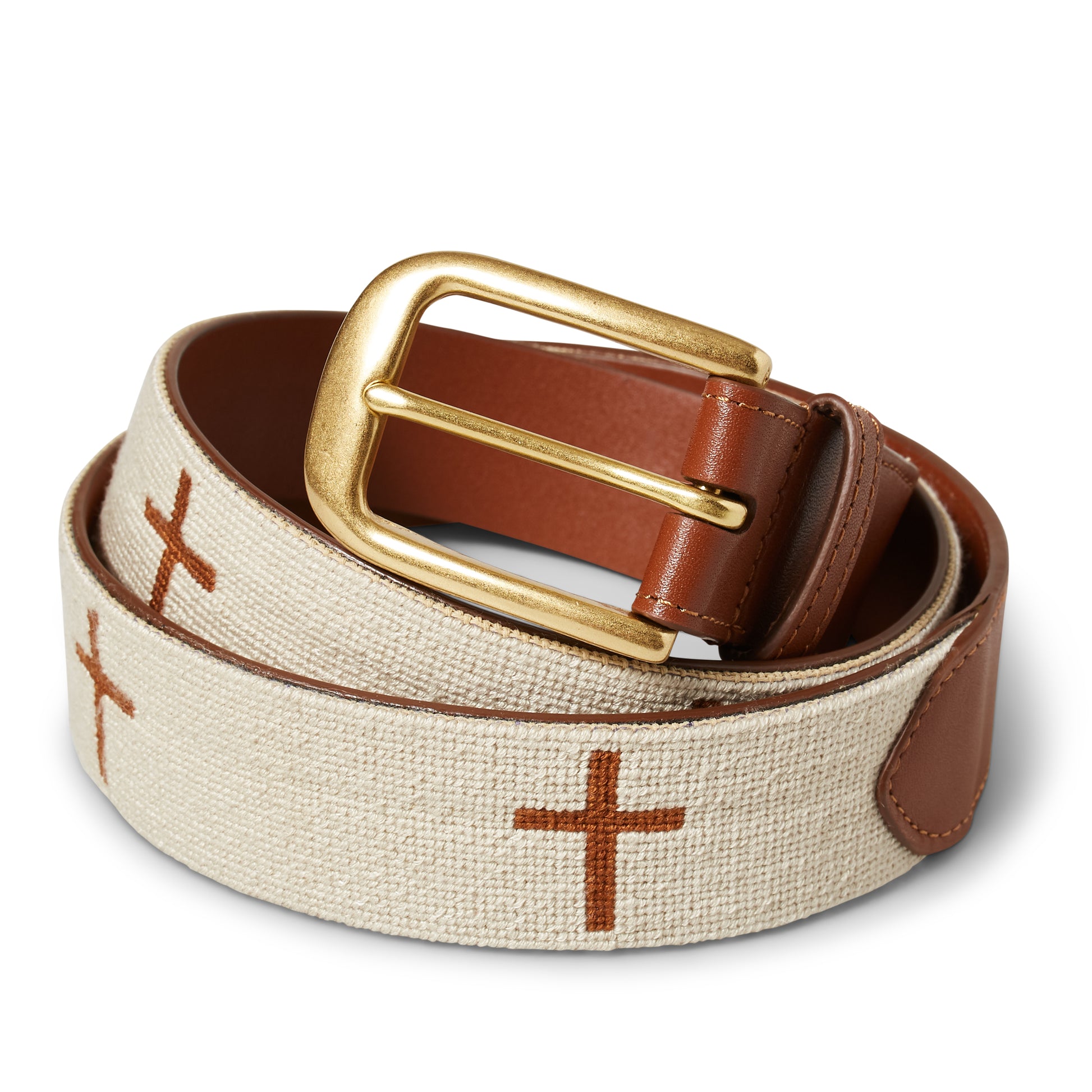 Handmade Needlepoint Golf Belt – Beige with Brown Cross Design