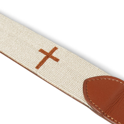 Handmade Needlepoint Golf Belt – Beige with Brown Cross Design - Hover