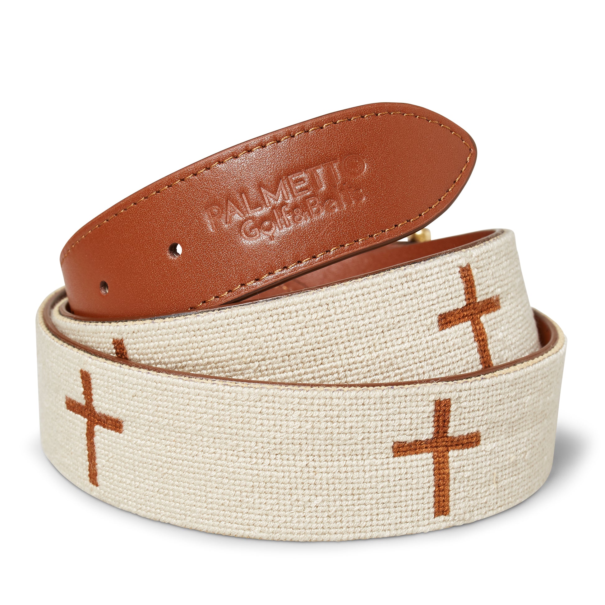 Handmade Needlepoint Golf Belt – Beige with Brown Cross Design