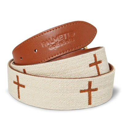 Handmade Needlepoint Golf Belt – Beige with Brown Cross Design